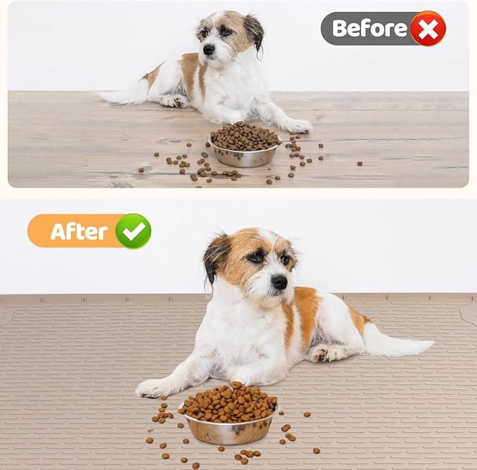 Dog Food Mat, Extra Large 57" x 40" Silicone Pet Feeding Mat with Raised Edge Pet Placemat for Small, Medium, and Large Pets Non-Slip, Easy to Clean (Khaki)
