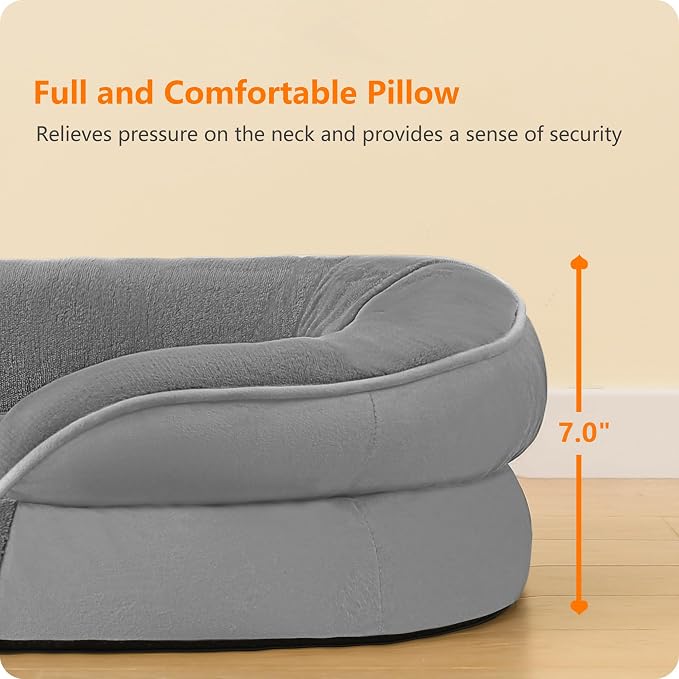 Dwanton Orthopedic Dog Bed for Extra Large Dogs with Gel Memory Foam, Waterproof Dog Sofa, Washable Pet Bed with Four Sided Bolster Cushion, Removable Cover & Non-Slip Bottom, 45", Medium Grey