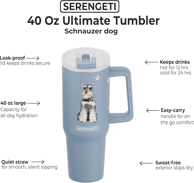 E&S Pets SERENGETI 40 Oz Ultimate Tumbler with Handle and Straw - Vacuum Insulated Tumbler with Straw and Lid - Stainless Steel Travel Mug for Pet Lovers - 3D Designs of your favorite Dog (Schnauzer)