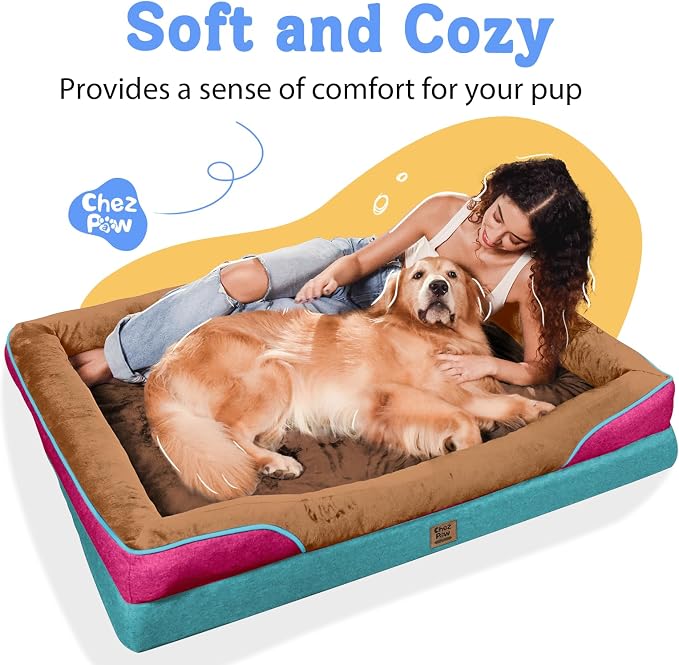Chez Paw Large Orthopedic Dog Bed for Extra Large Dogs, Waterproof XL Egg-Crate Foam Dog Bed with Removable Washable Cover & Non-Slip Bottom, 4-Sided Bolster Support, Brown Mint 42"x30"x7.5"