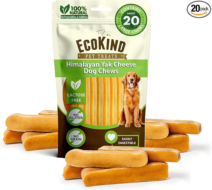 EcoKind Yak Cheese Himalayan Dog Chews, Yak Chews for Large Dogs, Long Lasting Bone for Aggressive Chewers, 3 Ingredients Natural High Protein Treats, No Additives or Lactose, Large - 20+ Chews (5 lb)