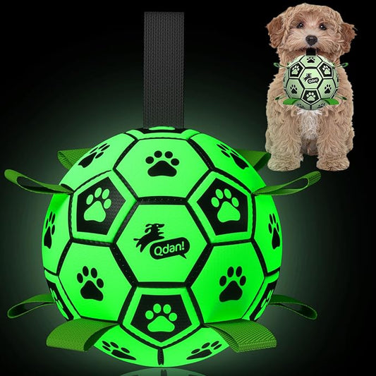 QDAN Premium Dog Ball, Glow in The Dark Dog Toys, Light Up Soccer Ball for Dogs, Outdoor Dog Toys, Doggy Water Toy, Puppy Birthday Gifts for Small Medium (6 Inch)