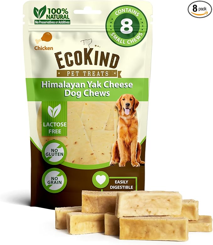 EcoKind Yak Cheese Himalayan Dog Chews, Yak Chews for Small Dogs, Long Lasting Bone for Aggressive Chewers, Only 4 Ingredients, Natural High Protein Dog Treats, No Additives, Chicken, Small - 8 Chews