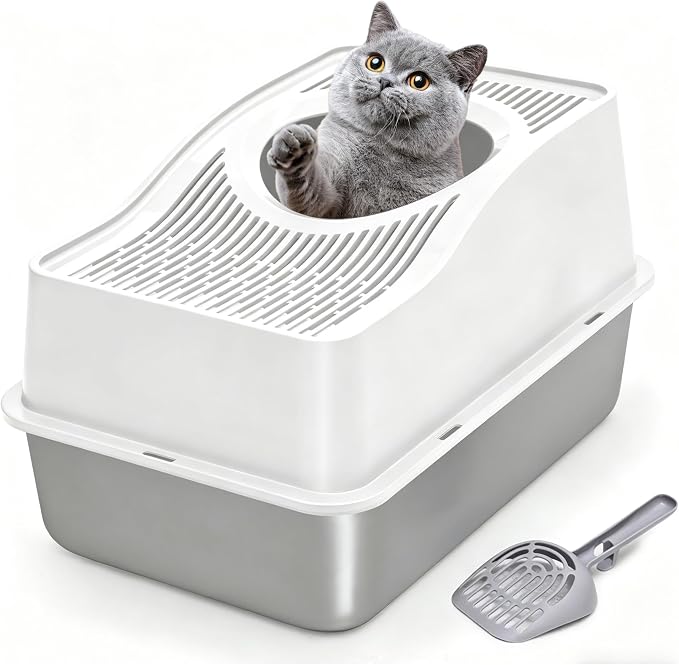 Top Entry Cat Litter Box with Lid, Stainless Steel Enclosed Cat Kitty Litterbox, Top Opening Large Enclosure Metal High Side Litter Pan Tray Box Dog Proof, Easy Cleaning, White