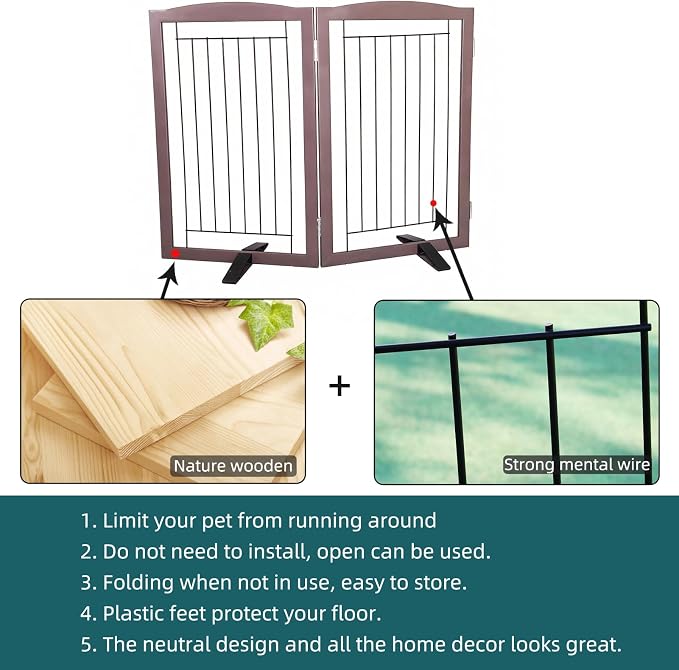 ZJSF Freestanding Dog Fence Indoor, Foldable Dog Gate for Doorways, Stairs or Hallways, Sturdy Wood Extra Wide Pet Gate with Support Feet for The House, Brown, 32 "Height-2 Panels