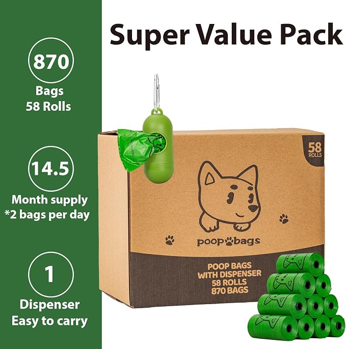 Scented Dog Poop Bags With Dispenser, Strong and Leak-proof Waste Bags for Pets, 870 Count (58 Packs of 15), 13 Inch x 9 Inch (Green)