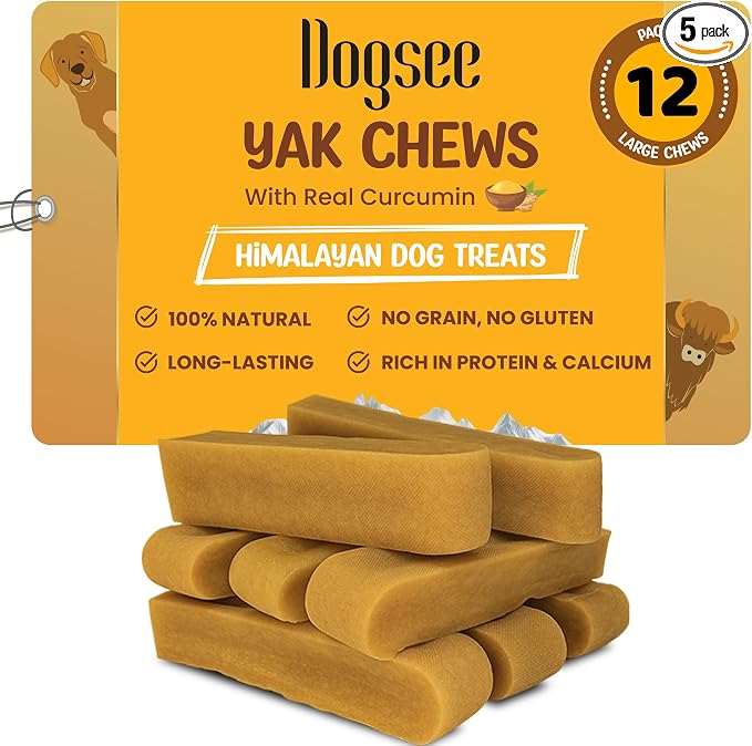 Dogsee Turmeric/Curcumin/Curcuma Flavor Himalayan Yak Milk Dental Treat for Dogs Bulk Pack 3lb (Large - 12 Chews),60% Protein, Anti-inflammatory, Tasty & Healthy Treats, Natural and Long Lasting