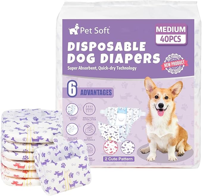 Pet Soft Female Dog Diapers - Disposable Doggie Diapers with Wetness Indicator, Puppy & Cat Diaper Super Absorbent, Fit for Female Dog in Heat or Incontinence, 40pcs (M, Mixed)
