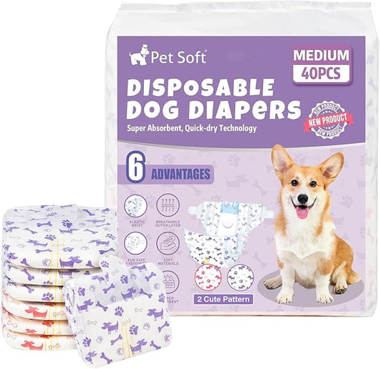 Pet Soft Female Dog Diapers - Disposable Doggie Diapers with Wetness Indicator, Puppy & Cat Diaper Super Absorbent, Fit for Female Dog in Heat or Incontinence, 40pcs (M, Mixed)