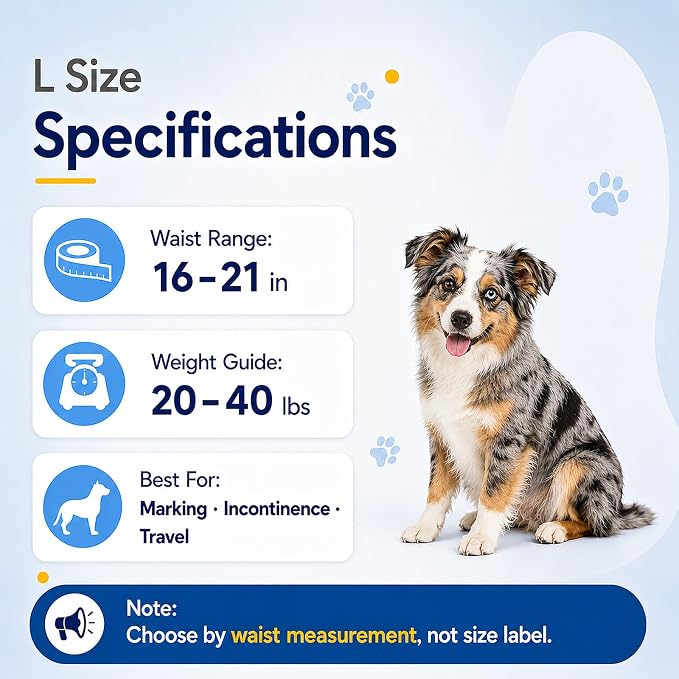 Male Dog Diaper Disposable Wraps for Waist 16–21 in,10 Count Leakproof, Super Absorbent, Adjustable Fit, Wetness Indicator, L