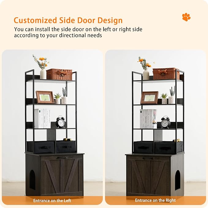 Dwanton Litter Box Enclosure with 3 Storage Shelves and 2 Drawers, 2-in-1 Hidden Cat Litter Box Enclosure Furniture with Shelf, Reversible Entrance, Washable Drawers, 61.8-Inch, Dark Grey