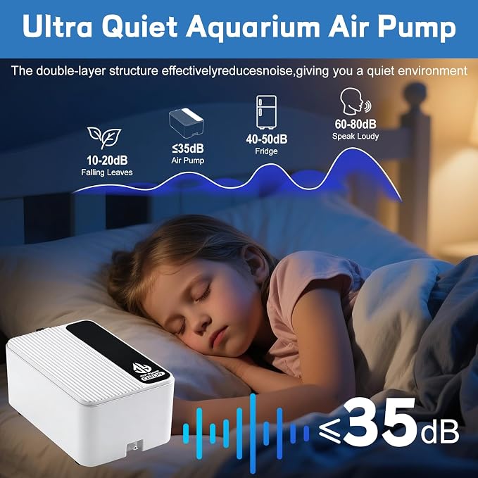 Aquarium Air Pump, Quiet Powerful Fish Tank Air Pump, Adjustable Fish Tank Bubbler with Air Stone, 2.3W/5.5W/8W Bubbler for Aquarium Fish Tank for Small Medium Large Fish Tank Up to 200 Gallon
