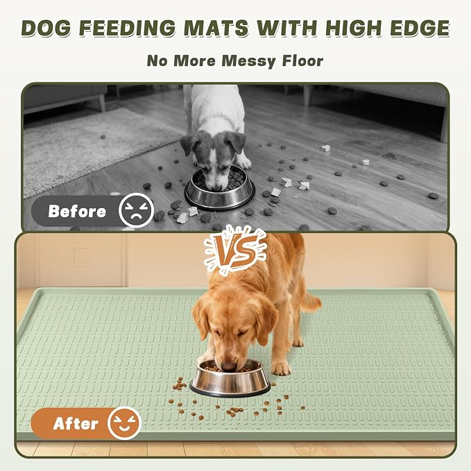 47" x 35" Silicone Dog Food Mat, Waterproof Pet Feeding Mat with Raised Edge, Extra Large Dog Bowl Mat Non-Slip Water Bowl Placemats for Dogs, Protects Floors, Easy to Clean (Light Green)