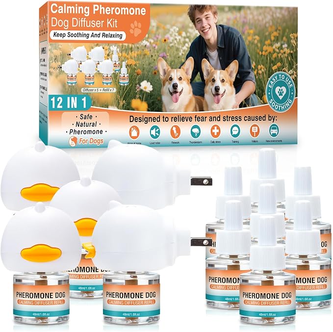 Dog Calming Pheromones Diffuser to Calm Pet 12 in 1 Advanced Kit Appeasing Pheromone for Anxiety Relief (5 Plug in+7 Pack 48ml Refill) Reduce Aggression Fighting Barking Stress (Tasteless)