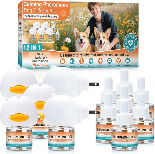 Dog Calming Pheromones Diffuser to Calm Pet 12 in 1 Advanced Kit Appeasing Pheromone for Anxiety Relief (5 Plug in+7 Pack 48ml Refill) Reduce Aggression Fighting Barking Stress (Tasteless)