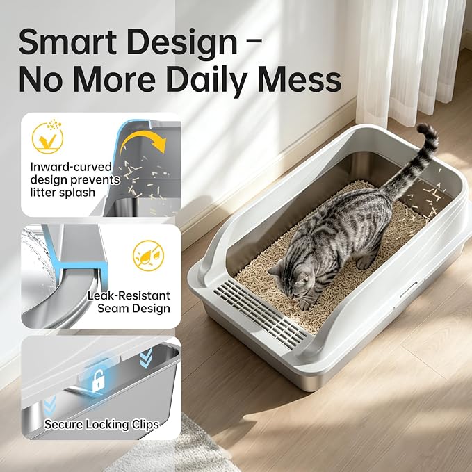 Stainless Steel XL Cat Litter Box for Cats, High-Sided Design Prevents Urine Leakage, Non-Stick, Easy to Clean, Includes Scoop, Gray L