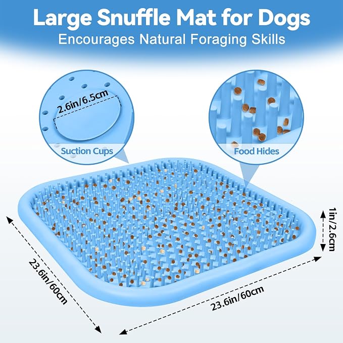 Snuffle Mat for Dogs, 23.6" x 23.6" Silicone Dog Feeding Mat Sniffing Interactive Feeding Game Encourages Natural Foraging Slow Feeder for Small/Medium/Large Dogs, Indoor & Outdoor (Blue)