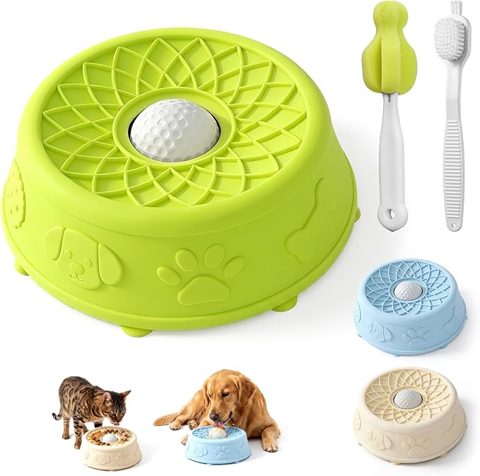 Dog Slow Feeder Lick Bowl with Rolling Ball for Liquid Treats, 2-in-1 Anti-Slip Silicone Dog Licking Bowl for Bone Broth with Suction Cup, Enrichment Lick Sphere Toy for Large Medium Dogs Cats (Green)
