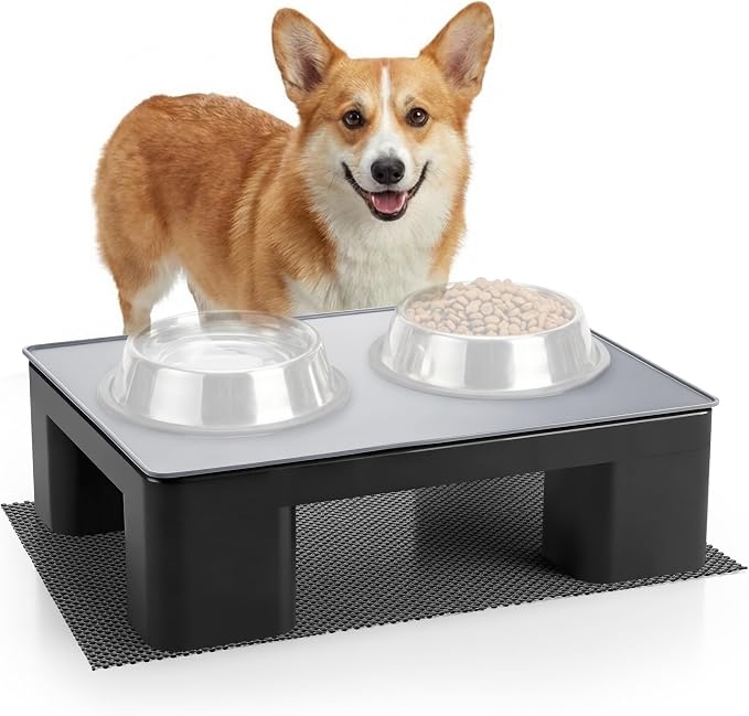 Upgraded Elevated Dog Bowl Stand and 100% Waterproof & Non-Slip Mat, Raised Bowl Stand for Small Medium Dogs, Easy-Clean Silicone Pet Food Mat- Neck Strain Relief & Protect Your Floors