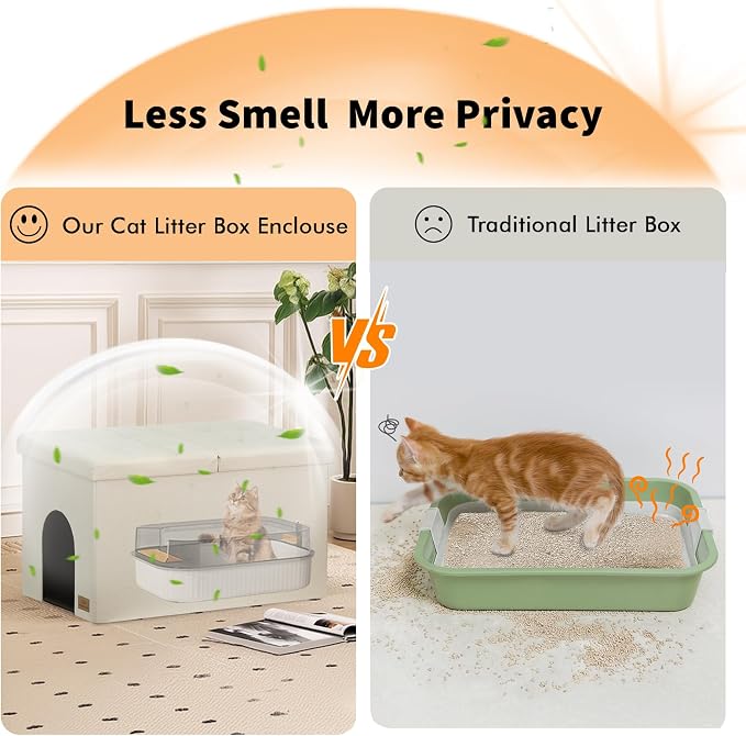 Zerbuger 3-in-1 Cat Litter Box Enclosure for Odor Control, Hidden Litter Box Furniture Cabinet Ottoman with Flip-Up Lid, Multi-Functional Bench with Storage Footrest, Dog Proof (Cream, X-Large)