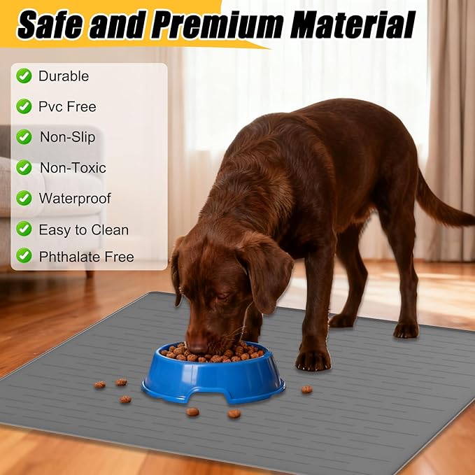 1.5MM Super Thick Dog Food Mat, 48"x32" Silicone Dog and Cat Mats for Food and Water Bowls, Waterproof Pet Feeding Mat for Contain Spills Protects Floors, Multiple Colors & Sizes for Pets, Dark Gray
