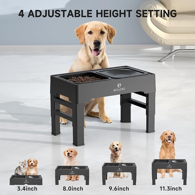 ELS PET Elevated Dog Bowls, Adjustable Raised Dog Bowls with No Spill Dog Water Bowl and Slow Feeder, Sturdy Non-Tip, Joint-Friendly Stand for Small Medium Large Dogs, Cats & Pets, Removable Bowls