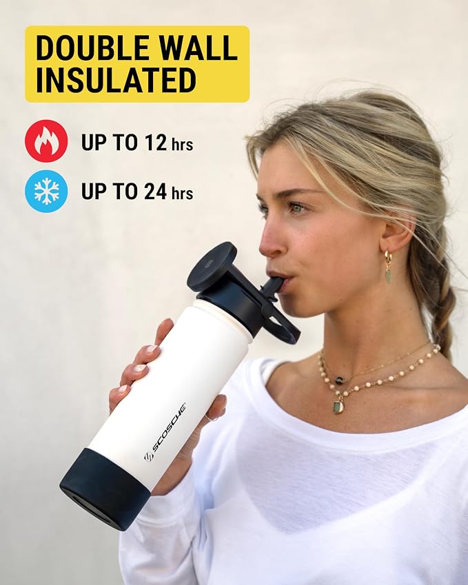 Scosche MFMS22 MagicMount Flask 22 oz Stainless Steel Water Bottle with MagSafe Phone Mount Stand, 12H Hot & 24H Cold Insulated Flask with Magnetic Phone Holder for Gym, Car,Travel, Sports 22oz White