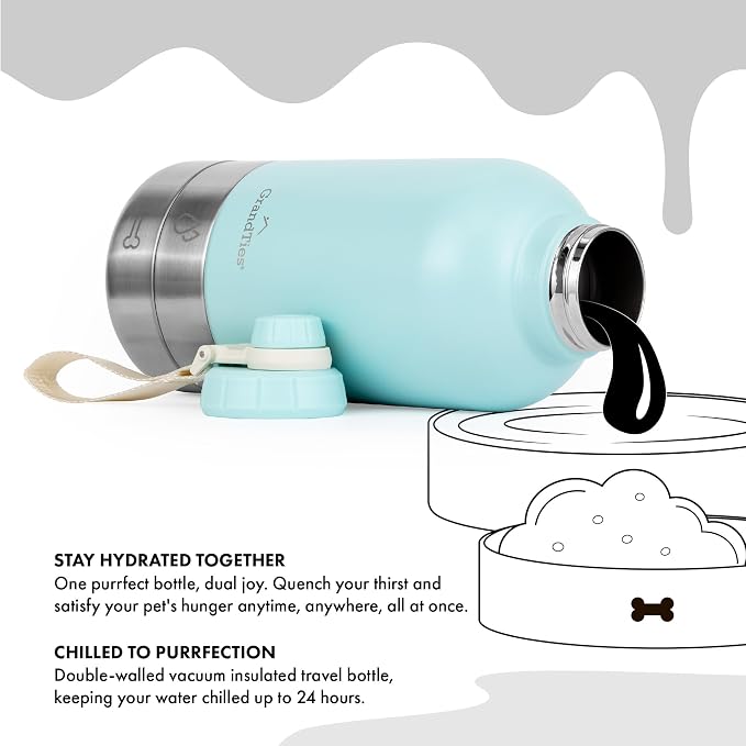 GrandTies Insulated Portable Dog Water Bottle with 2 Detachable Water Bowl Dispenser | Leak-Proof Dog Food Travel Container | Accessories for Dogs Walking, Hiking, Camping (64oz, Powder Green)