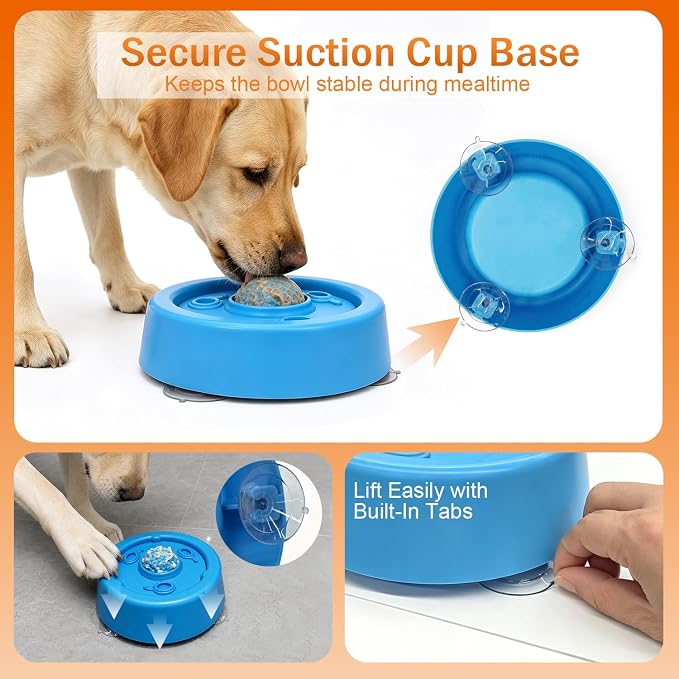 Slow Feeder Dog Bowls, Dog Lick Bowl with Built-in Rolling Ball for Wet Food, Bone Broth & Yogurt, Non-Slip Base, Interactive Enrichment Toy for Safe & Fun Feeding (Blue)