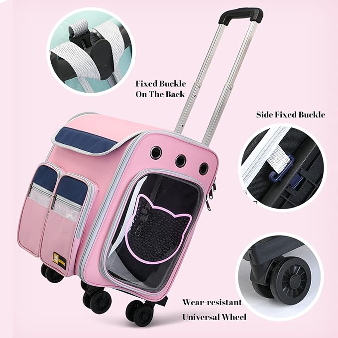 Pet Carrier Trolley Wheels for Dogs Cats,Foldable Soft-Sided Pet Travel Rolling Carrier Bag with Removable Wheels Telescopic Handle for Carrying Dogs, Cats, Pets and Accessories