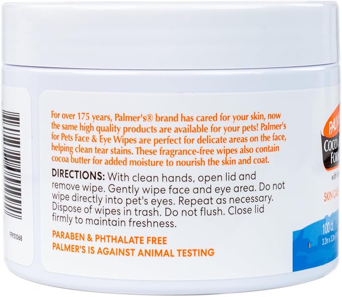 Palmer’s for Pets Face and Eye Dog Wipes with Cocoa Butter, Gentle Tear Stain and Facial Cleaning Wipes for Sensitive Areas and Daily Grooming Care, Unscented, 100 Count - 6 Pack