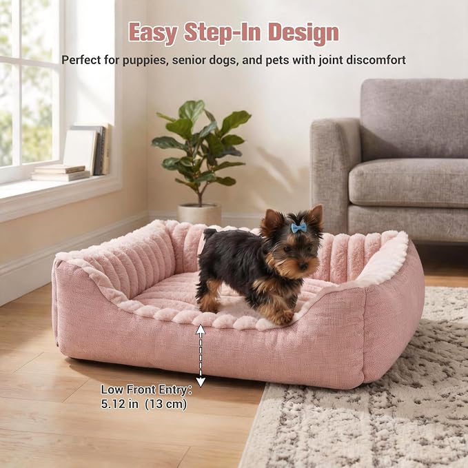 Avont Supportive Dog Bed for Small Dogs & Cats, Plush Foam Fill, Pink | Removable Machine Washable Cover, Low 5.12" Entry for Pups & Seniors, 7:3 Foam-PP, Non-slip Bottom, Hidden Chew-proof Zippers