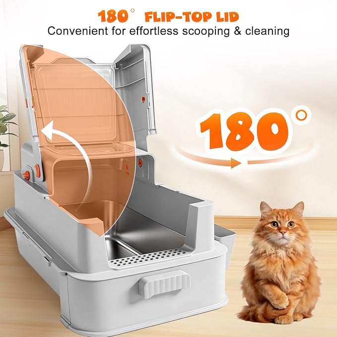 Homegroove Enclosed Stainless Steel Cat Litter Box with Drawer, XL Large Metal Cat Box with Lid for Indoor Cats, Metal Covered Litter Pan with Litter Scoop& Pedal (Light Gray)