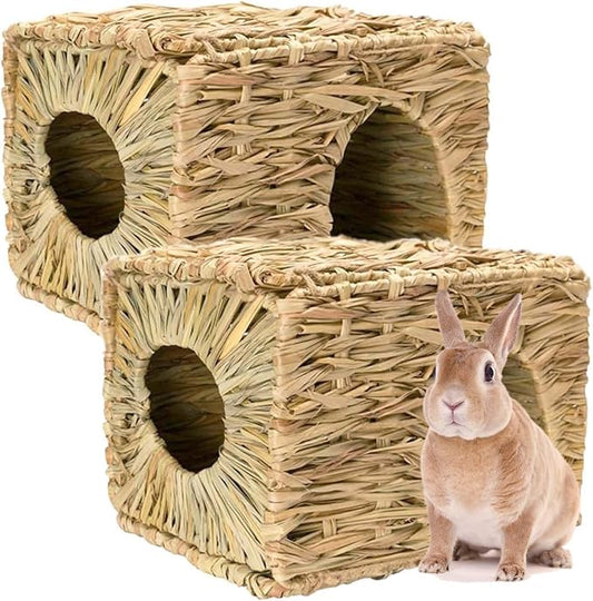 Foldable Grass Woven Animal Hut Bunny House Play Hideaway Bed Mat Chew Toy for Rabbit Guinea Pigs Gerbils Hamster (14.5"x11"x10")