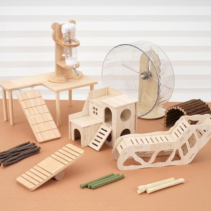 Hamster Toys Complete Set - Noiseless Silent Exercise Wheel, Maze Wood House, Stand, Chew Toys & Water Bottle Cage Accessories for Hamster, Rat, Mice Small Animal Habitat