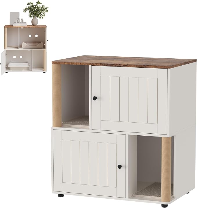 Cat Litter Box Enclosure, Two-Story Wooden Hidden Litter Box Furniture with Scratching Post, Multi-Level Cat Washroom Cabinet for 2 Cats, Reinforced Wood Frame & Ventilated Design for Small Apartment