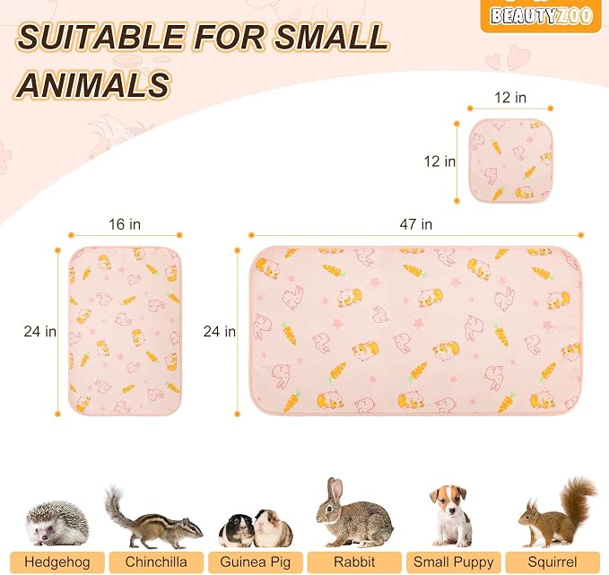 BEAUTYZOO 2 Pack Guinea Pig Cage Liners, Washable Reversible Fleece Guinea Pig Bedding, Waterproof Super Absorbent Pee Pads for Small Animals Rabbit - 24" x 47" Pink
