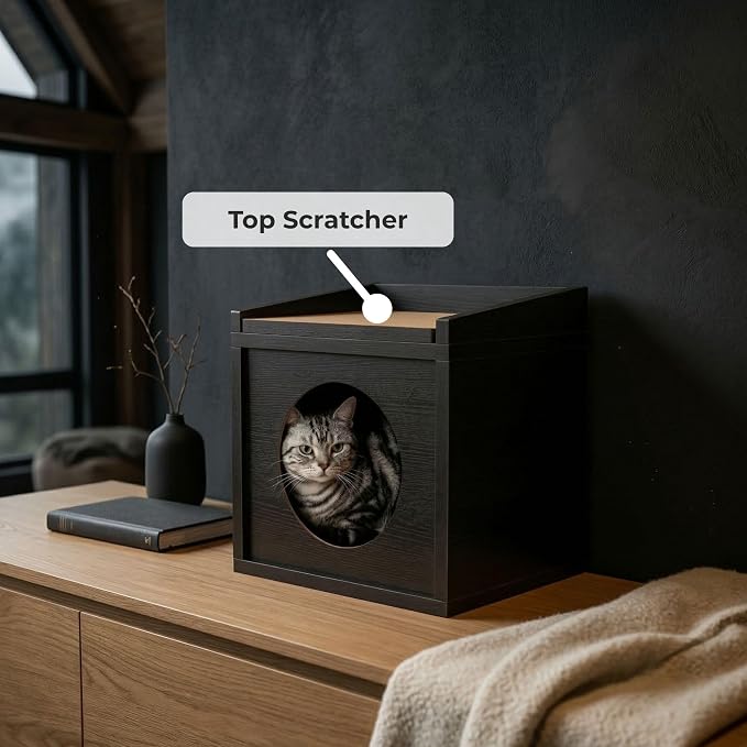 Meowdium Cat House for Indoor Cats – Cat Condo with 5X Longer-Lasting Cardboard Scratcher, 2 Scratcher Levels, Hideout & Top Lounge, Black