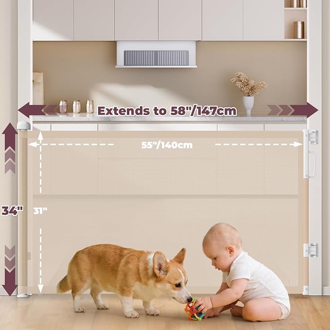 2Pack Retractable Baby Gates for Stairs, 58" Extra Wide Mesh Dog Gate for Doorways, Child Gate for Toddler Pet, Indoor and Outdoor Use, Easy Install, 34" Height, Beige