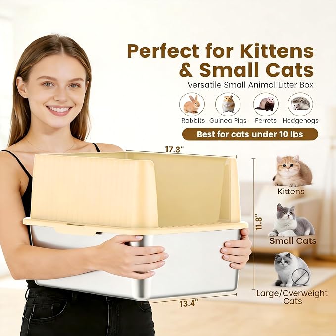 Stainless Steel Litter Box for Small Cats & Kittens, 11.8" High Sided Open Top Cat Litter Pan, Low Entry with Anti-Leak Design, Easy to Clean & Space-Saving, 17.3x13.4x11.8 Inches