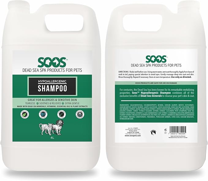 Soos Pet Hypoallergenic Shampoo for Dogs and Cats Made with Natural Dead Sea Minerals Fast Absorbing with Vitamins Essential Oils Natural Ingredients - 1x (4L Gallon)