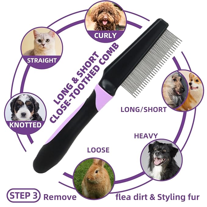 7 PCS Dog Brush for Shedding and Dog Washing Gloves - Quick Drying Dog Towel,Bath Brush for Long & Short Haired Dogs, Cats Purple Grey