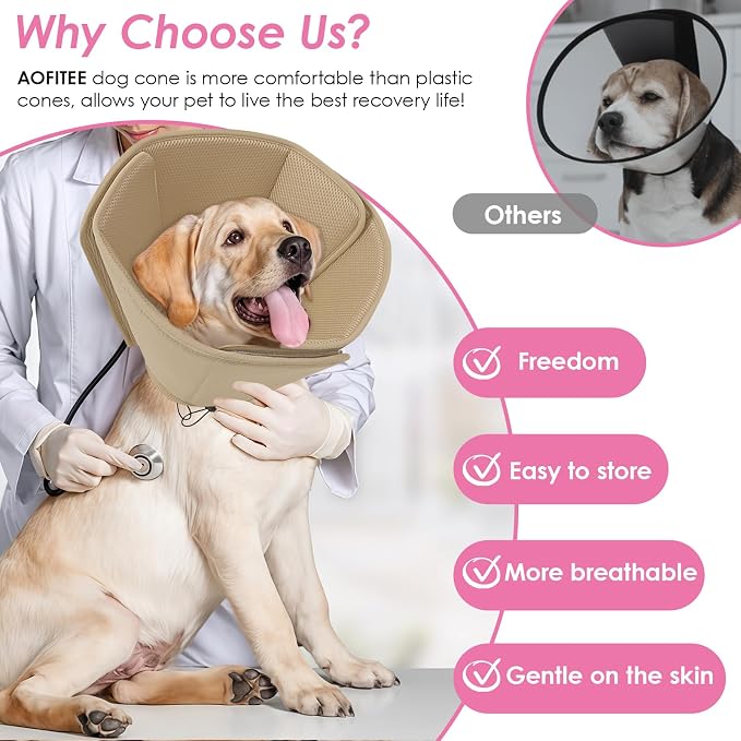 AOFITEE Soft Dog Cone Collar, Adjustable Cone for Dogs to Stop Licking, Dog Cones for Small Medium Large Dogs, Breathable Elizabethan Collar Wound Healing After Surgery(Khaki,S)