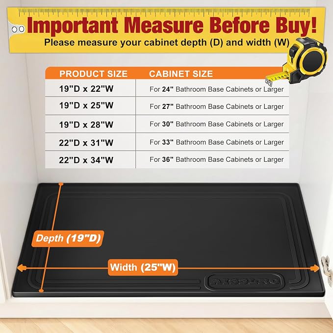 Aisslro Under Sink Mat 25" X 19", Waterproof Silicone Under Sink Mats for Kitchen, Anti-Leak Shelf Liner & Cabinet Protector with Raised Edge, [BPA Free] Bathroom Tray Home Organizer, Black