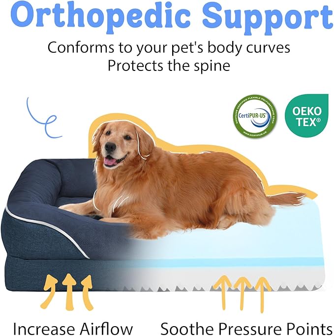 Chez Paw Jumbo Waterproof Dog Bed for Giant Dogs, Extra Thick Egg-Crate Foam Orthopedic Dog Sofa with Sides & Removable Washable Cover, Non-Slip Bottom, Navy 53"x42"x8.5"