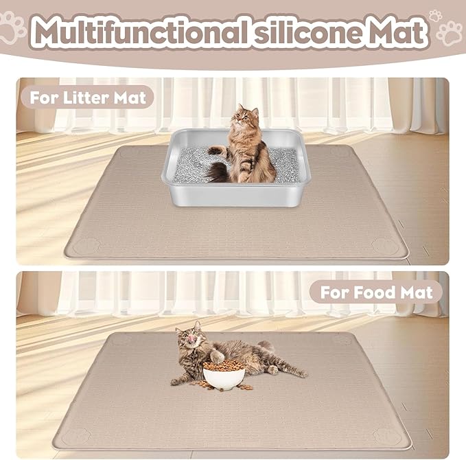 Kalolary Cat Litter Mats, 40" x 28" Extra Large Silicone Cat Mat for Litter Box, Easy to Clean Kitty Litter Trapping Mat, Soft on Kitty Paws, Waterproof, Urine-Proof Kittys Litter Mats for Floor,Khaki