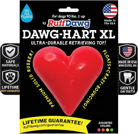 Ruff Dawg Indestructible Dawg-Hart (Heart) XL 4” – Heavy-Duty Solid Rubber Dog Fetch Toy for Dogs 40 lbs & Up – Floats & Crazy Bounce – Made in USA – Assorted Neon Colors