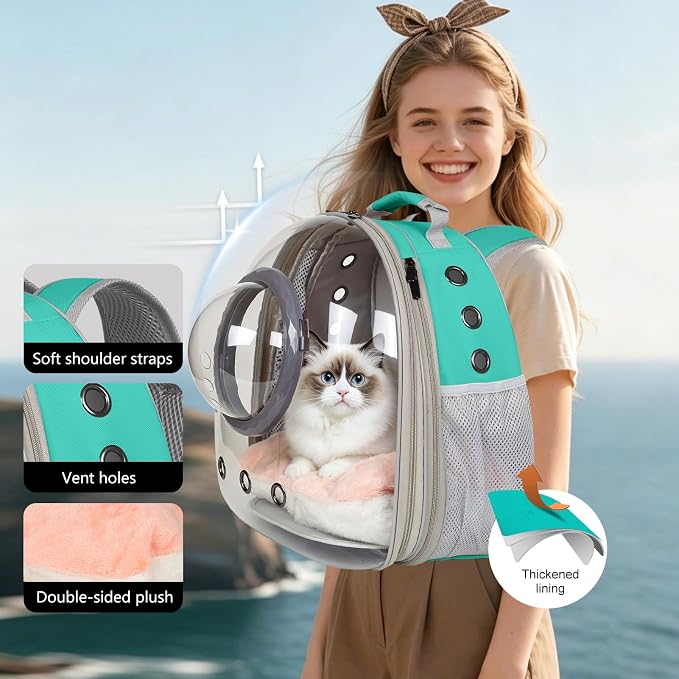 Front Extension Cat Backpack Carrier, Pet Travel Backpack for Kitten and Small Dogs, Clear Bubble Window Space Capsule Astronaut Liked Portable Vet Visit Book Bag Airline Approved