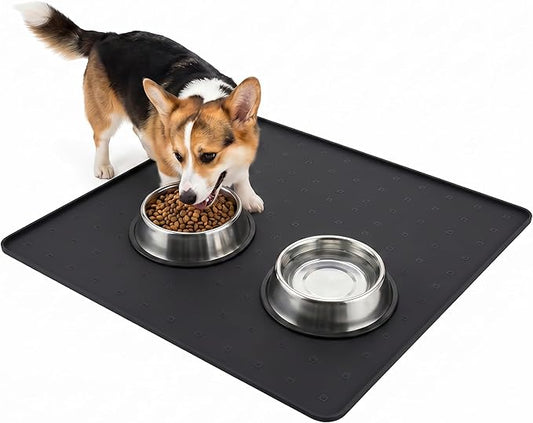 Silicone Pet Feeding Mat, 26x26 Inch Waterproof Dog Bowl Mat – Non-Slip, Machine Washable, Thin 0.28 Inch Edge for Messy Eaters, Protects Hardwood & Tile Floors, Black