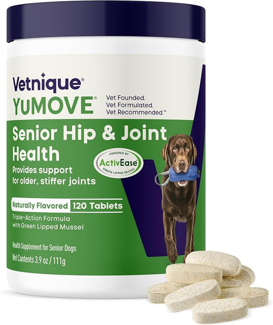YuMOVE Senior Dog Joint Supplement with ActivEase Green Lipped Mussel - Glucosamine for Dogs, Hyaluronic Acid & Omega 3 – Advanced Mobility Support for Aging Dogs (120ct Chewable Tablets)